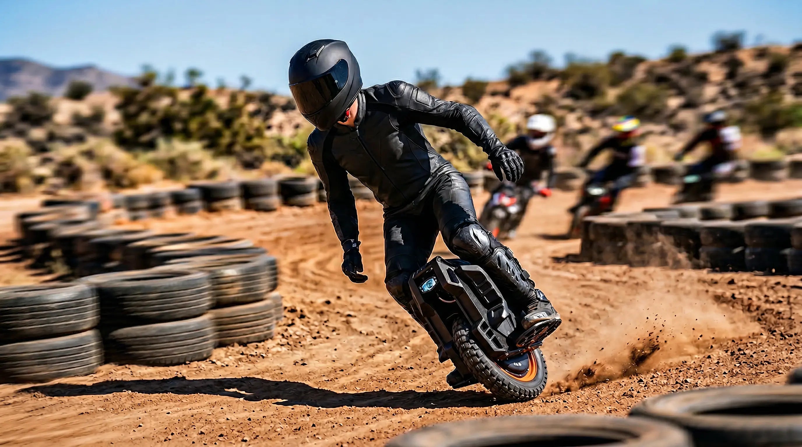 EUC rider cornering on an off-road test track